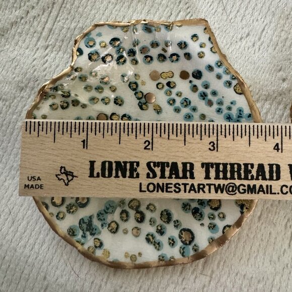 Handmade Decoupage Scallop Shell Trinket Dish Blue, Green Gold Dots - Picture 4 of 9